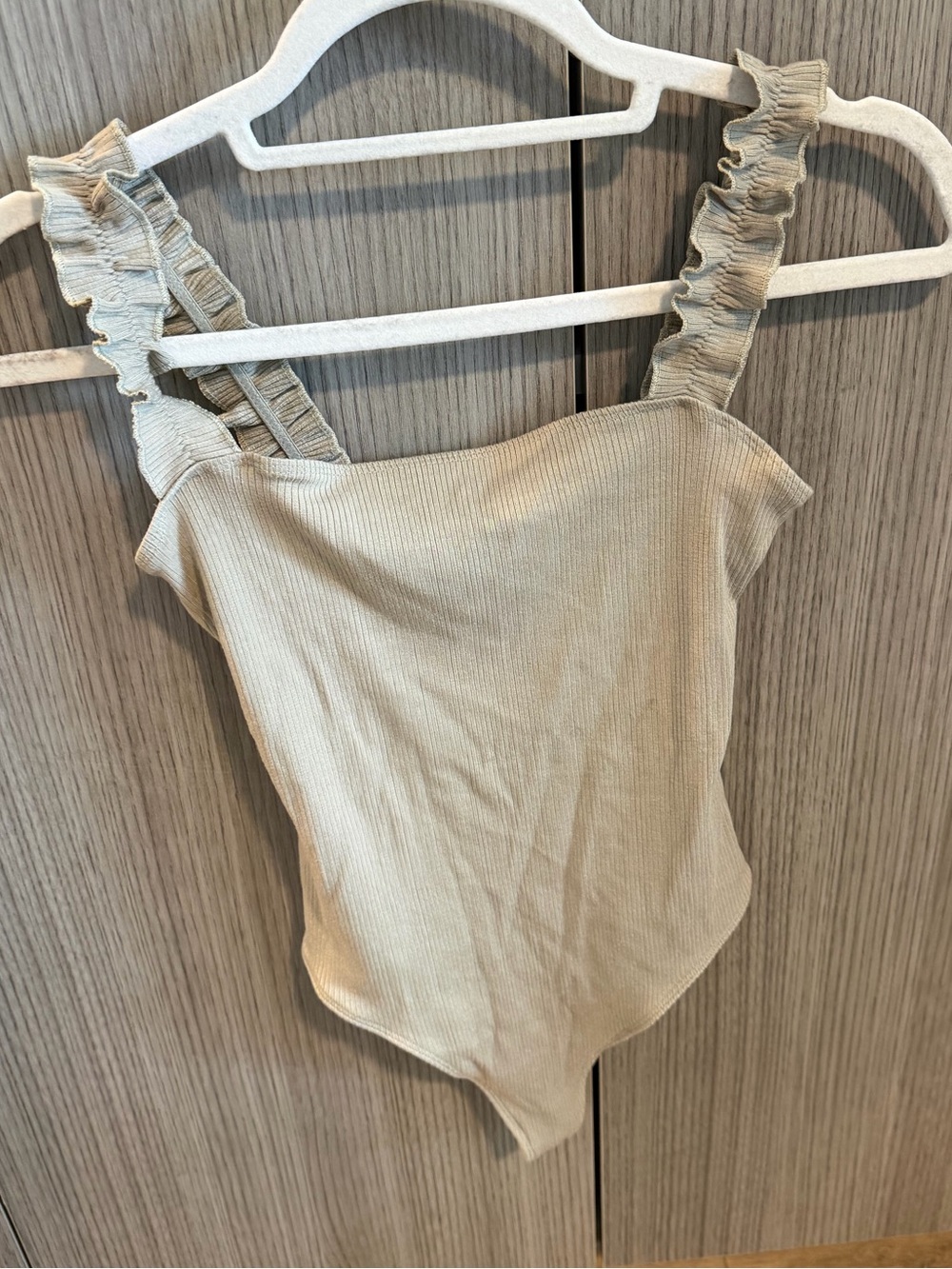 Aritzia Ribbed Ruffle-Strap Bodysuit in Light Green
